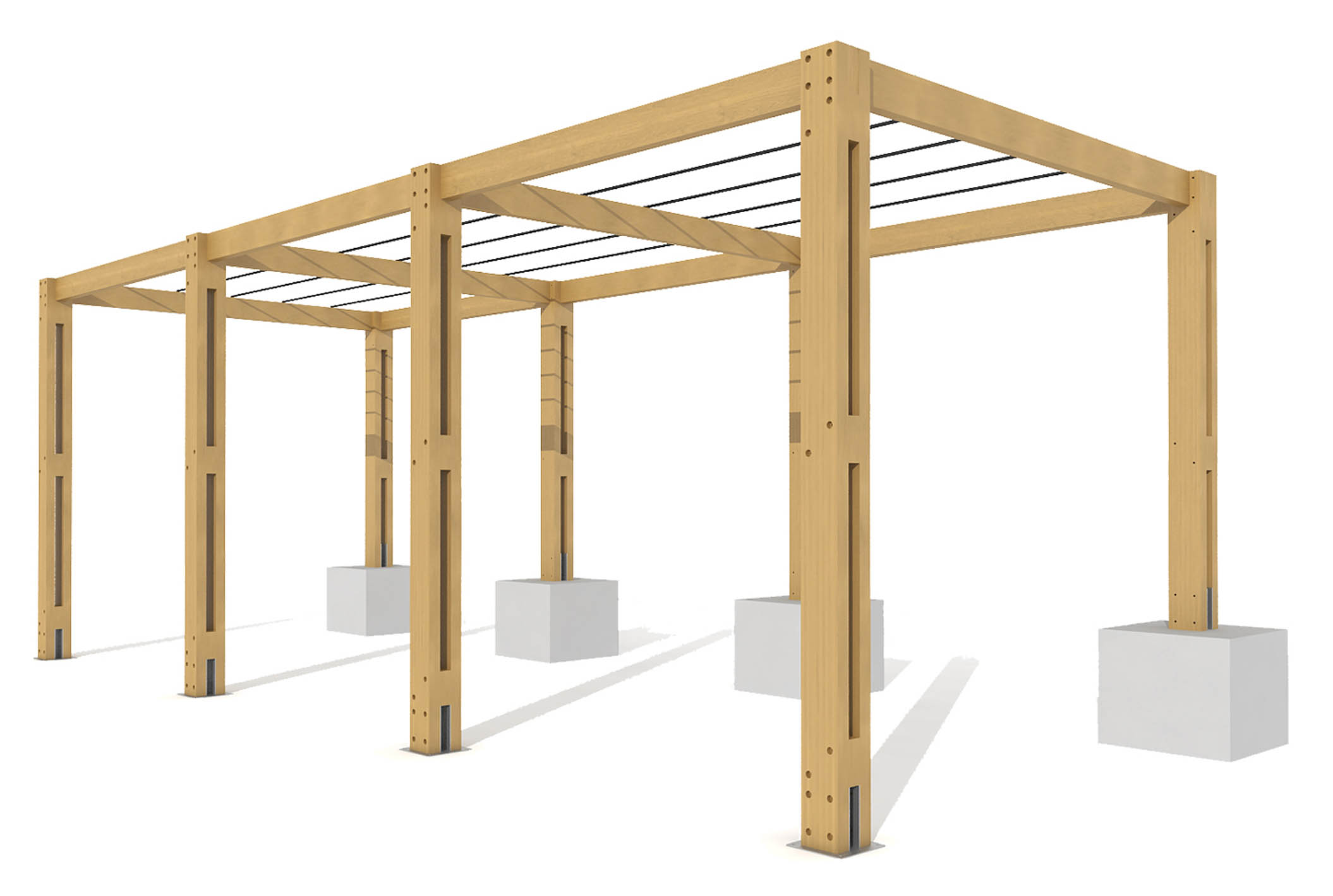 Rendering of pergola of wooden beams and iron bars