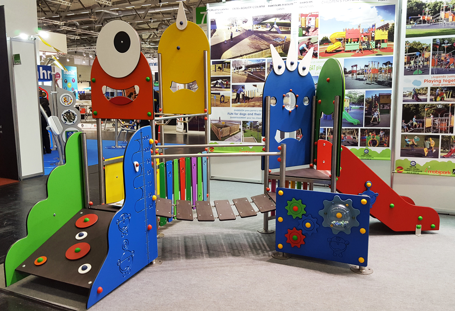 multi-activity play structure with monsters exposed at trade fair Tecma 2018
